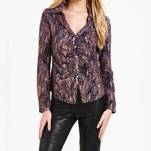 Y2K Babydoll Snake Print Gathered Front Buttoned Shirt Blouse Top Size Small